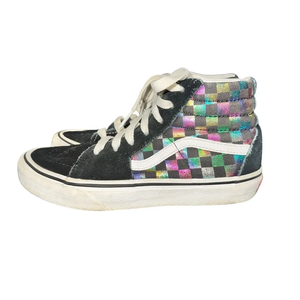 Vans SK8 Hi Sneakers Kids Size 3 Iridescent Rainbow Check Shoes Lace Up High Top